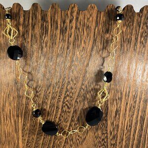 Gold-Plated Sterling (925) Black Bead Necklace With Geometric Links